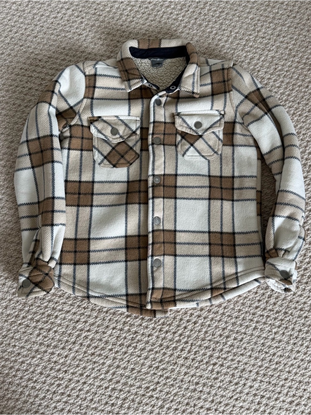 Kids Plaid Sherpa-Lined Button Shirt Jacket - Cream & Brown Eddie Bauer